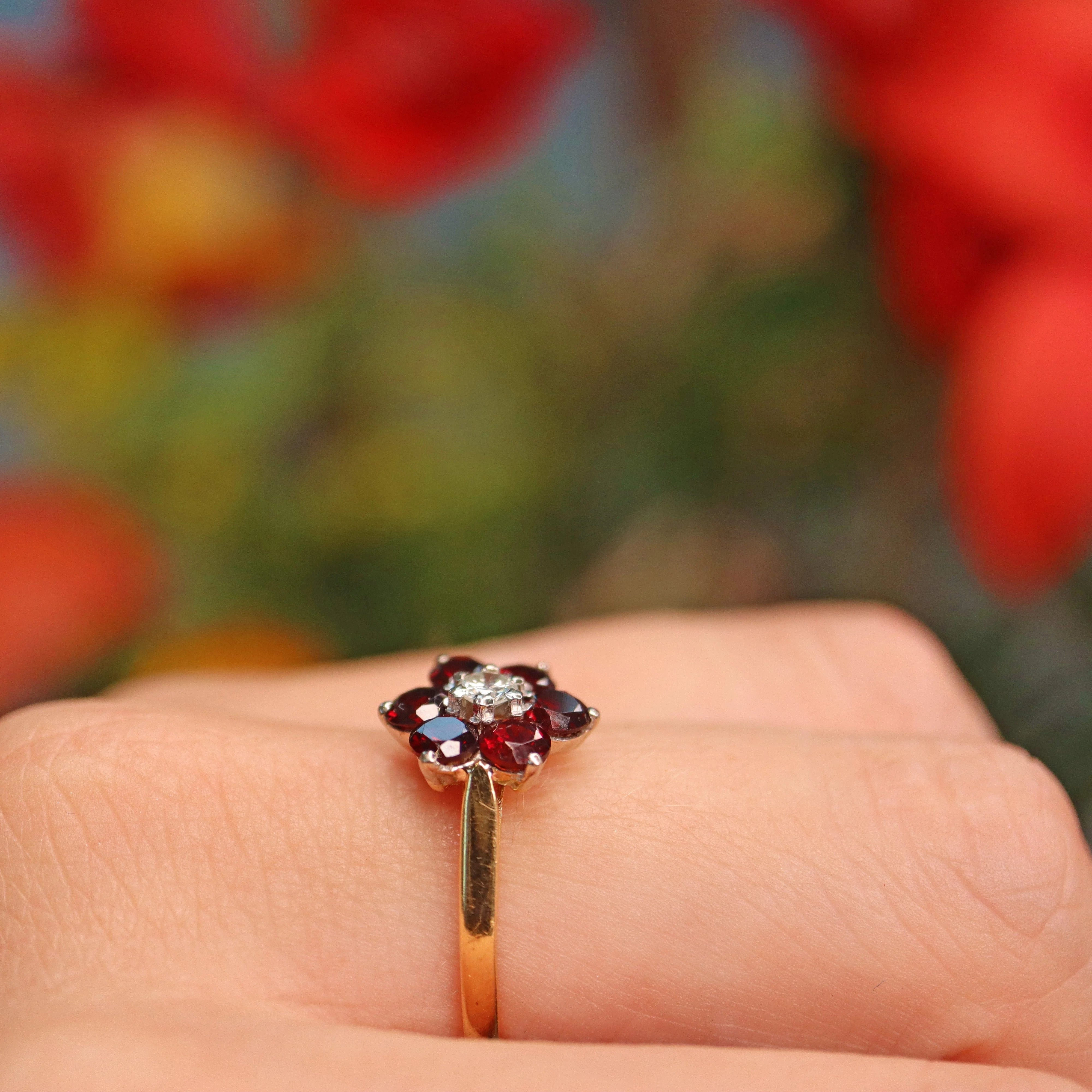 Ellibelle Jewellery Vintage Garnet & Diamond Daisy Cluster Ring