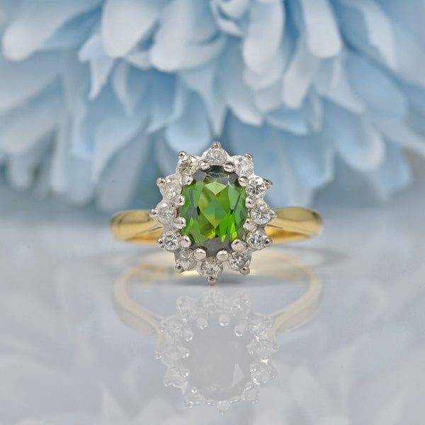 Vintage Green Tourmaline & Diamond 18ct Gold Cluster Ring