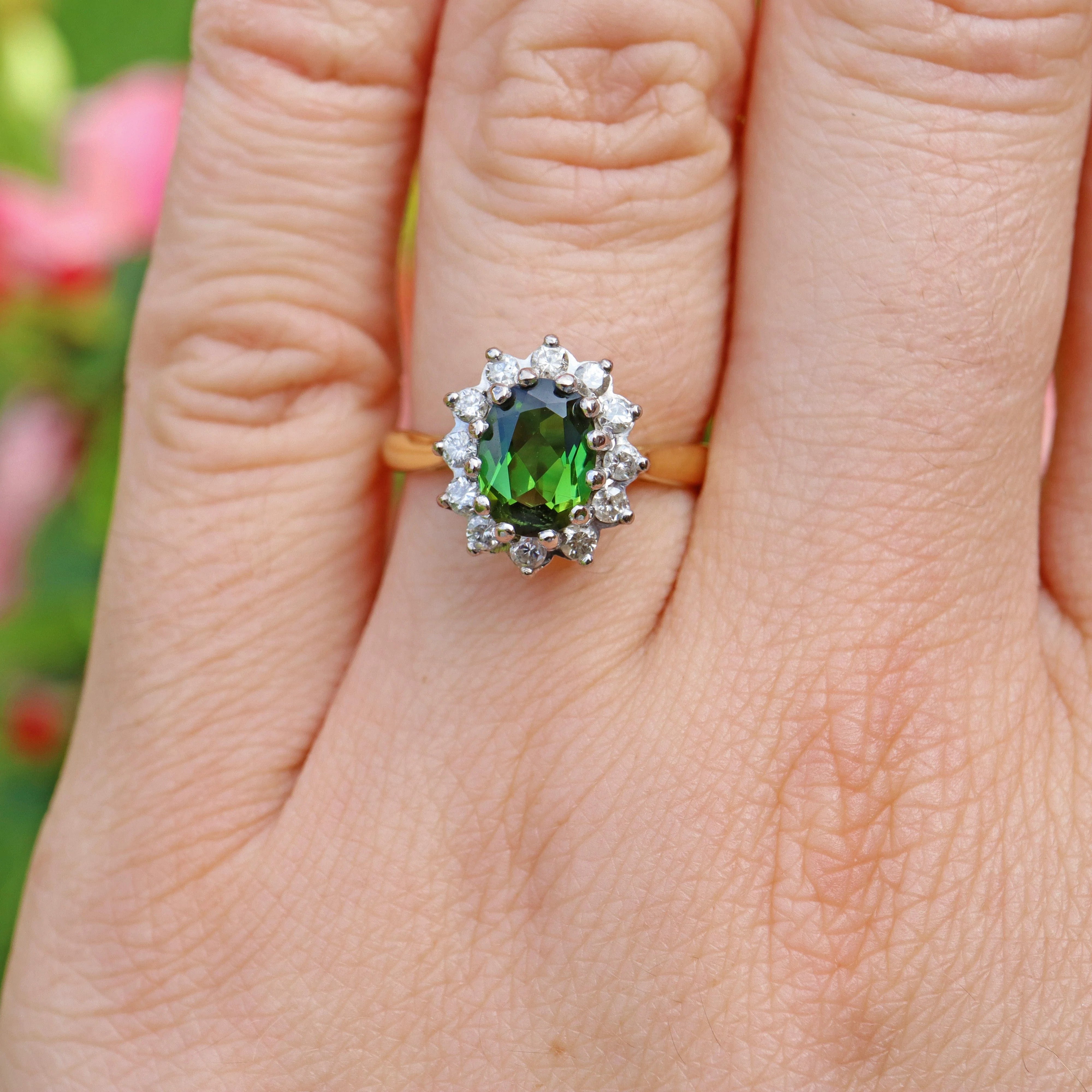 Vintage Green Tourmaline & Diamond 18ct Gold Cluster Ring