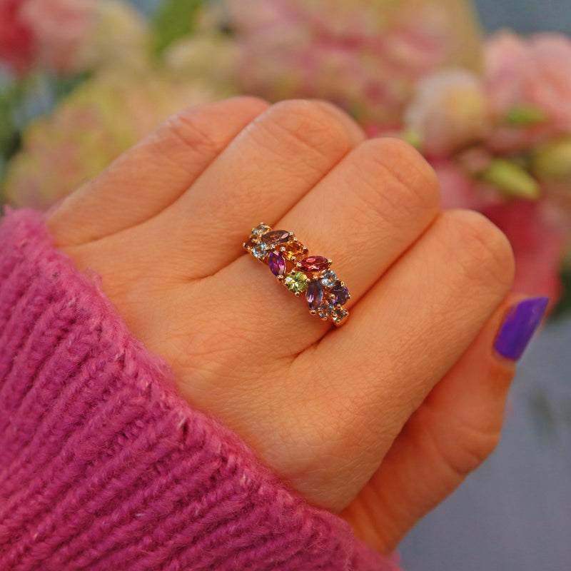 Ellibelle Jewellery Vintage Multi Gem 9ct Gold Cluster Ring