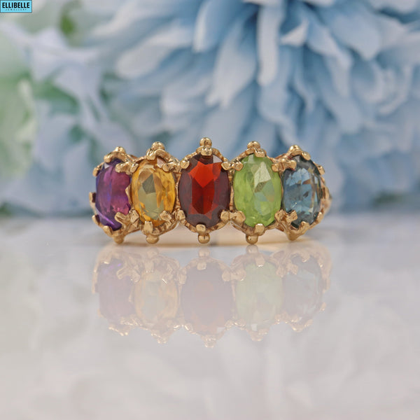 VINTAGE MULTI-GEM SET 9CT GOLD FIVE-STONE RING