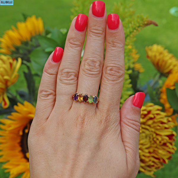 VINTAGE MULTI-GEM SET 9CT GOLD FIVE-STONE RING