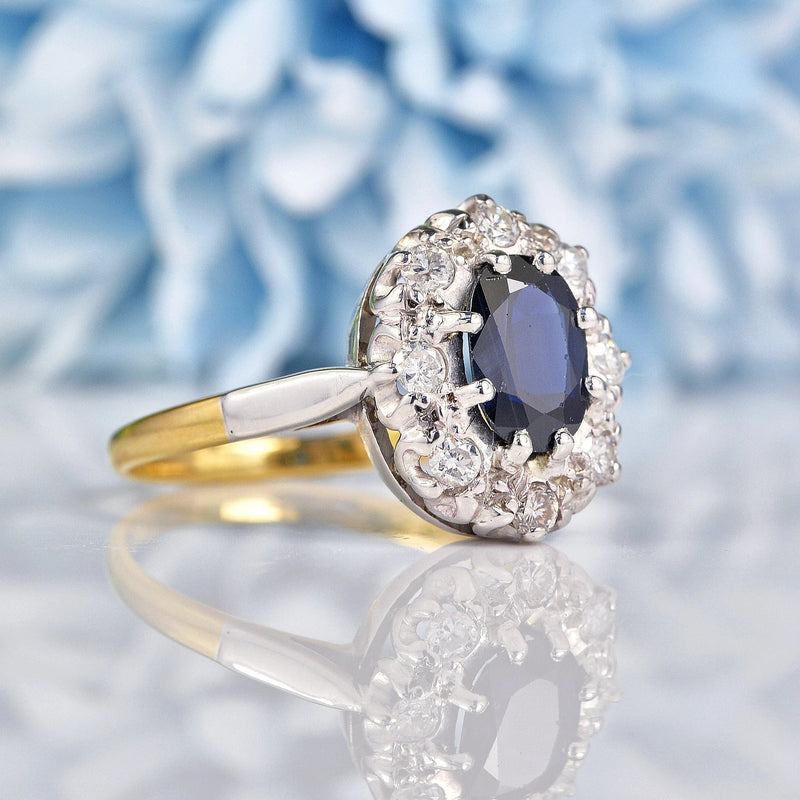 Ellibelle Jewellery Vintage Natural Blue Sapphire & Diamond 18ct Gold Cluster Ring