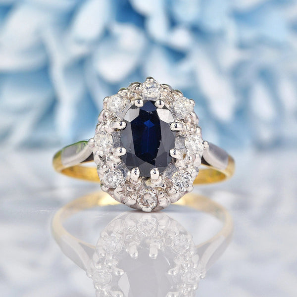 Ellibelle Jewellery Vintage Natural Blue Sapphire & Diamond 18ct Gold Cluster Ring