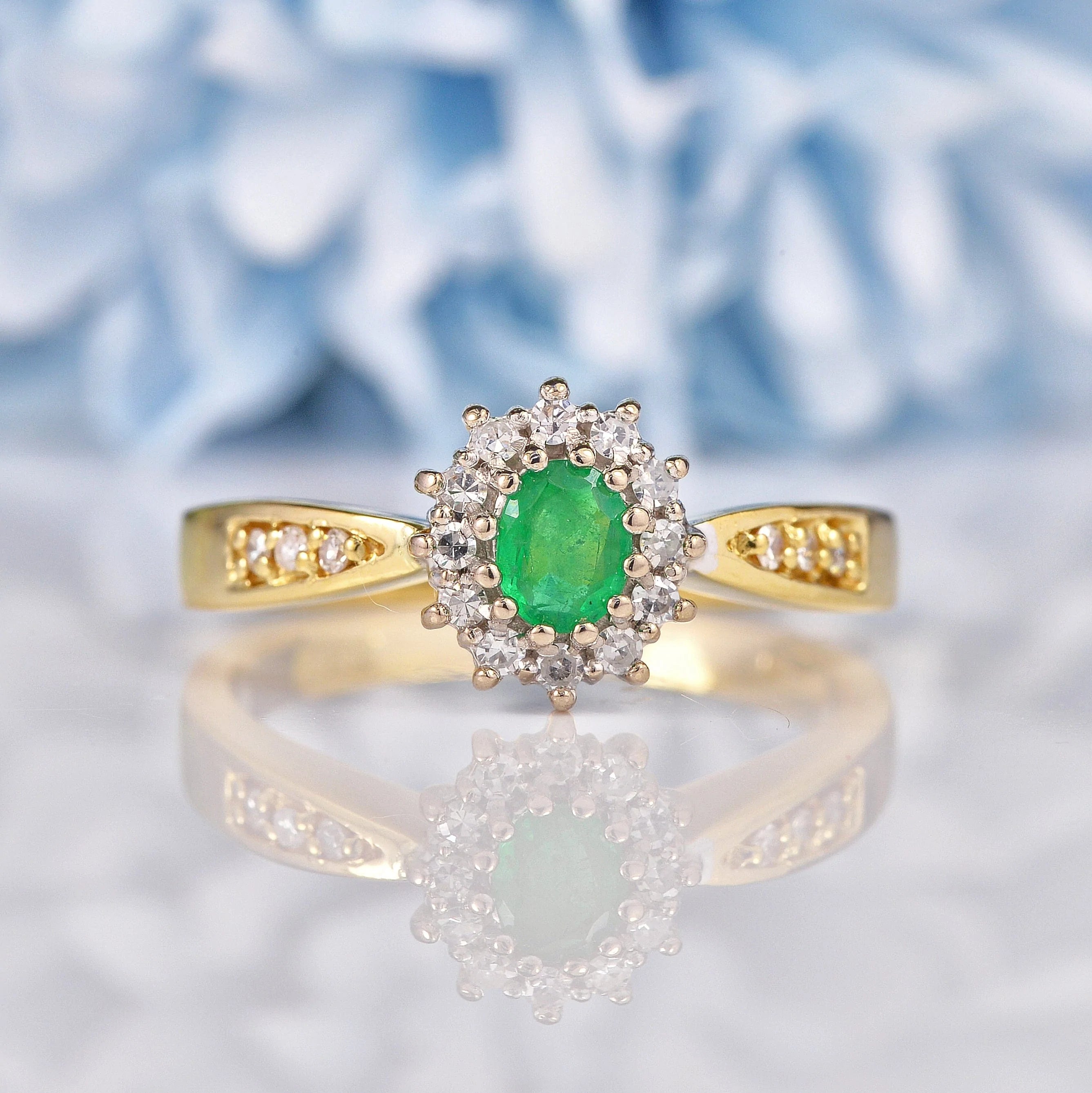 Ellibelle Jewellery Vintage Natural Emerald & Diamond 18ct Gold Cluster Ring
