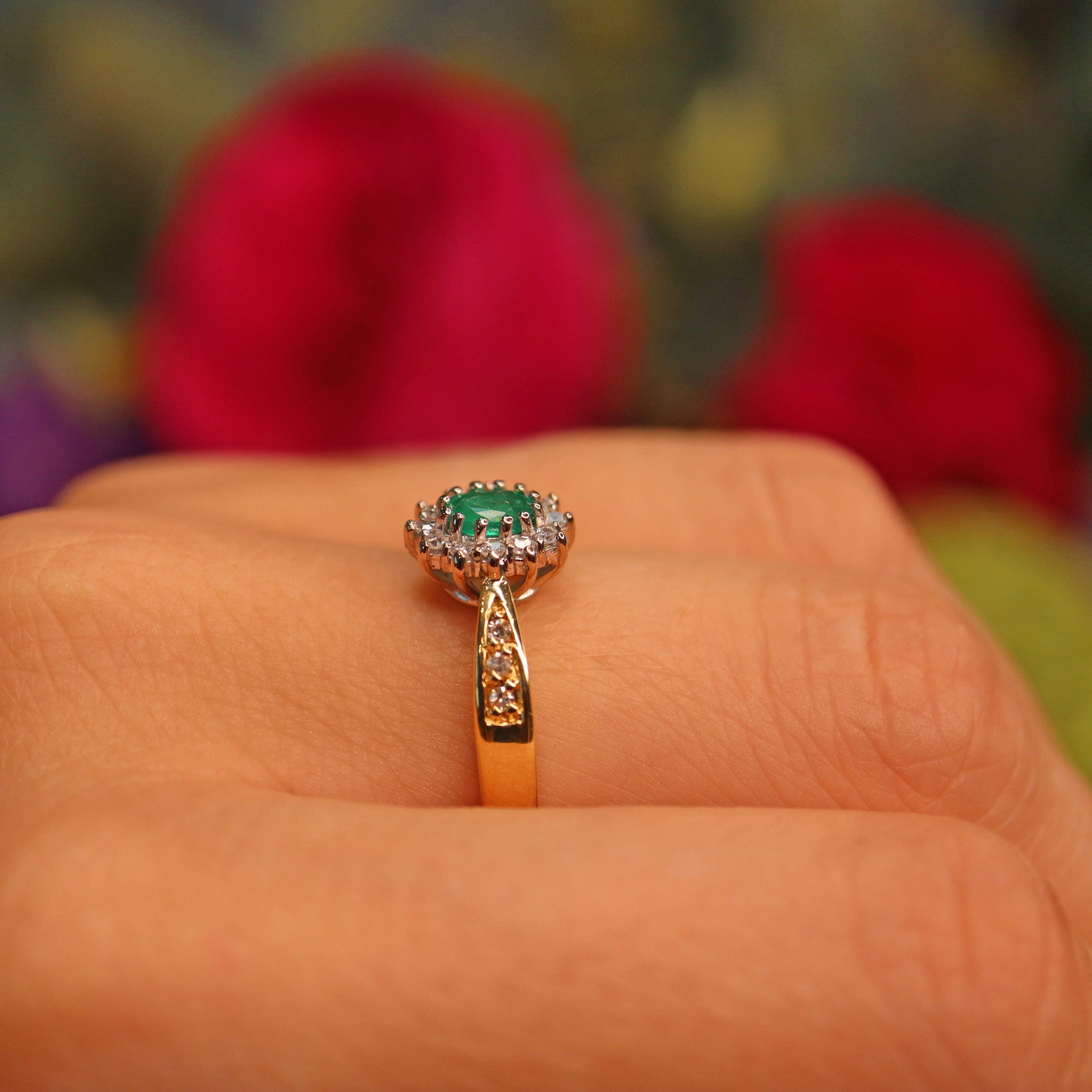 Ellibelle Jewellery Vintage Natural Emerald & Diamond 18ct Gold Cluster Ring