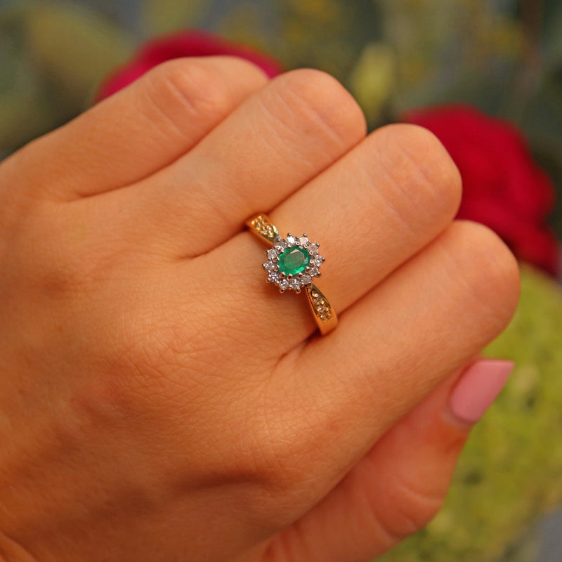 Ellibelle Jewellery Vintage Natural Emerald & Diamond 18ct Gold Cluster Ring