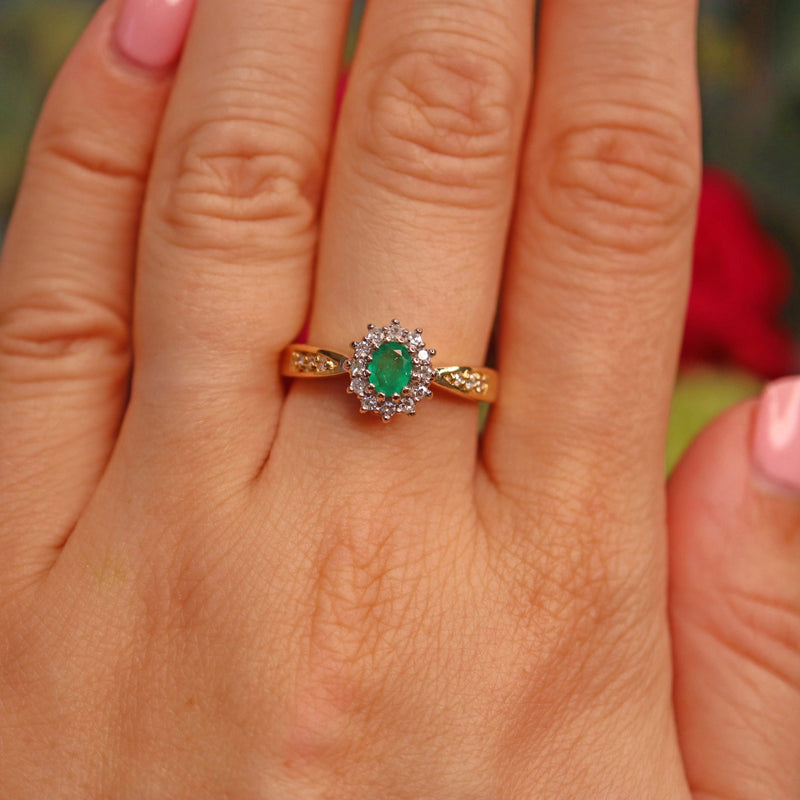 Ellibelle Jewellery Vintage Natural Emerald & Diamond 18ct Gold Cluster Ring