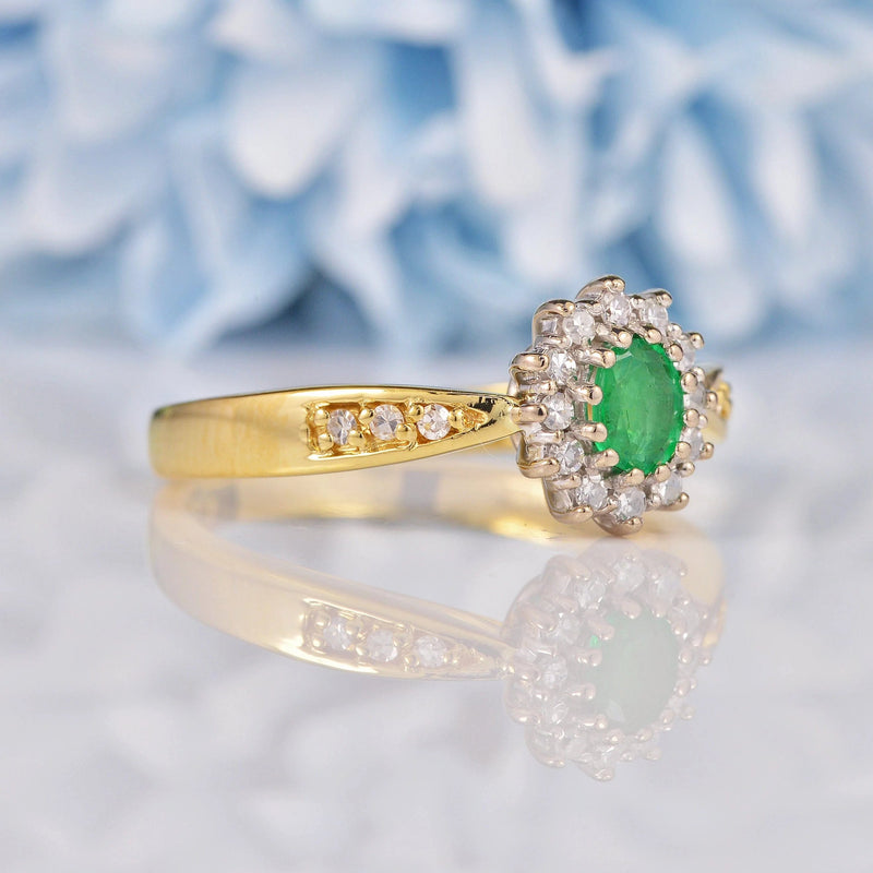 Ellibelle Jewellery Vintage Natural Emerald & Diamond 18ct Gold Cluster Ring