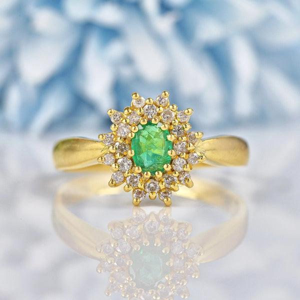 Ellibelle Jewellery Vintage Natural Emerald & Diamond 18ct Gold Cluster Ring