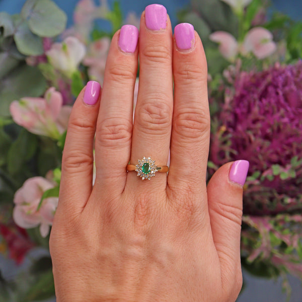 Ellibelle Jewellery Vintage Natural Emerald & Diamond 18ct Gold Cluster Ring