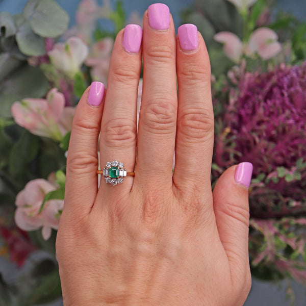 Ellibelle Jewellery Vintage Natural Emerald & Diamond 18ct Gold Cluster Ring