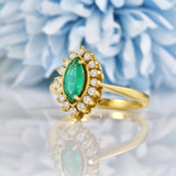 Ellibelle Jewellery Vintage Natural Emerald & Diamond Gold Marquise Cluster Ring