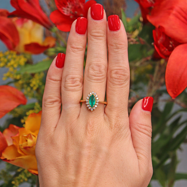 Ellibelle Jewellery Vintage Natural Emerald & Diamond Gold Marquise Cluster Ring