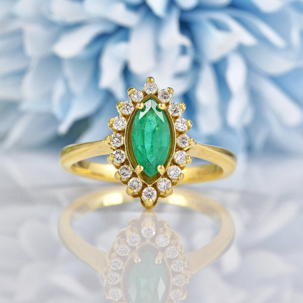 Ellibelle Jewellery Vintage Natural Emerald & Diamond Gold Marquise Cluster Ring