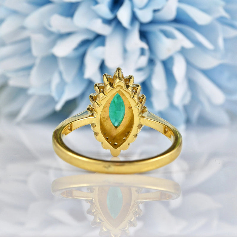 Ellibelle Jewellery Vintage Natural Emerald & Diamond Gold Marquise Cluster Ring