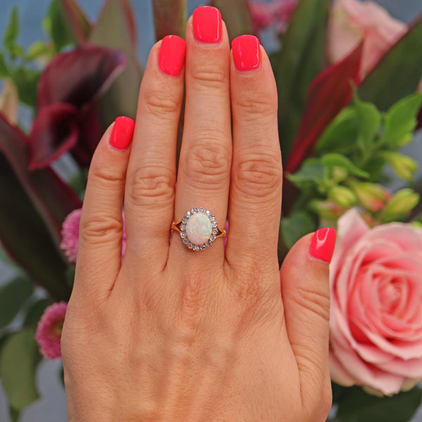Ellibelle Jewellery Vintage Natural Opal & Diamond 18ct Gold Cluster Ring