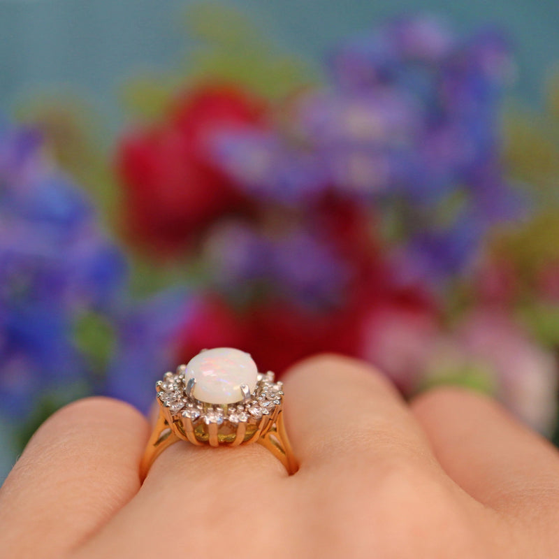 Ellibelle Jewellery Vintage Natural Opal & Diamond Gold Oval Cluster Ring
