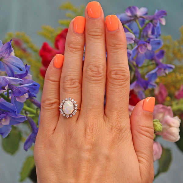 Ellibelle Jewellery Vintage Natural Opal & Diamond Gold Oval Cluster Ring