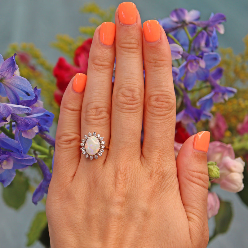 Ellibelle Jewellery Vintage Natural Opal & Diamond Gold Oval Cluster Ring
