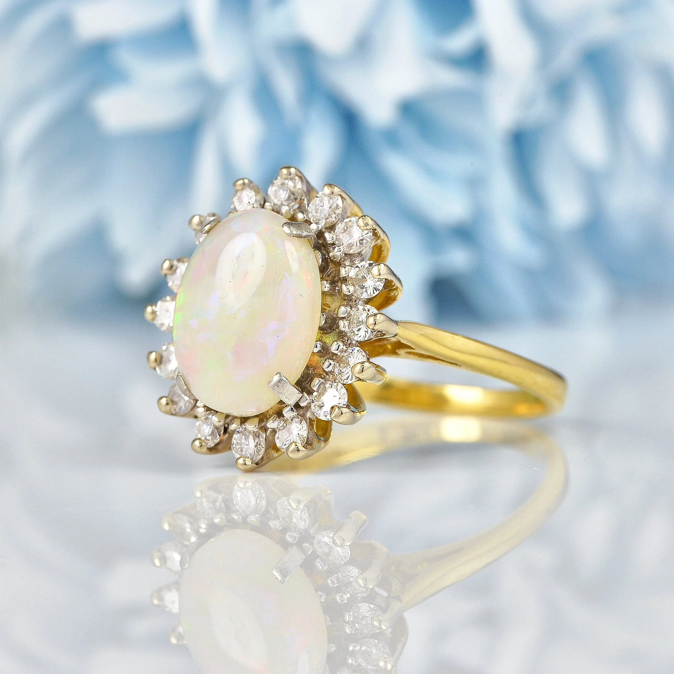 Ellibelle Jewellery Vintage Natural Opal & Diamond Gold Oval Cluster Ring