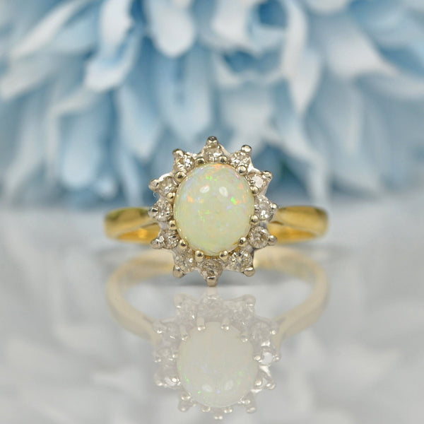 Ellibelle Jewellery VINTAGE OPAL & DIAMOND 18CT GOLD HALO CLUSTER RING