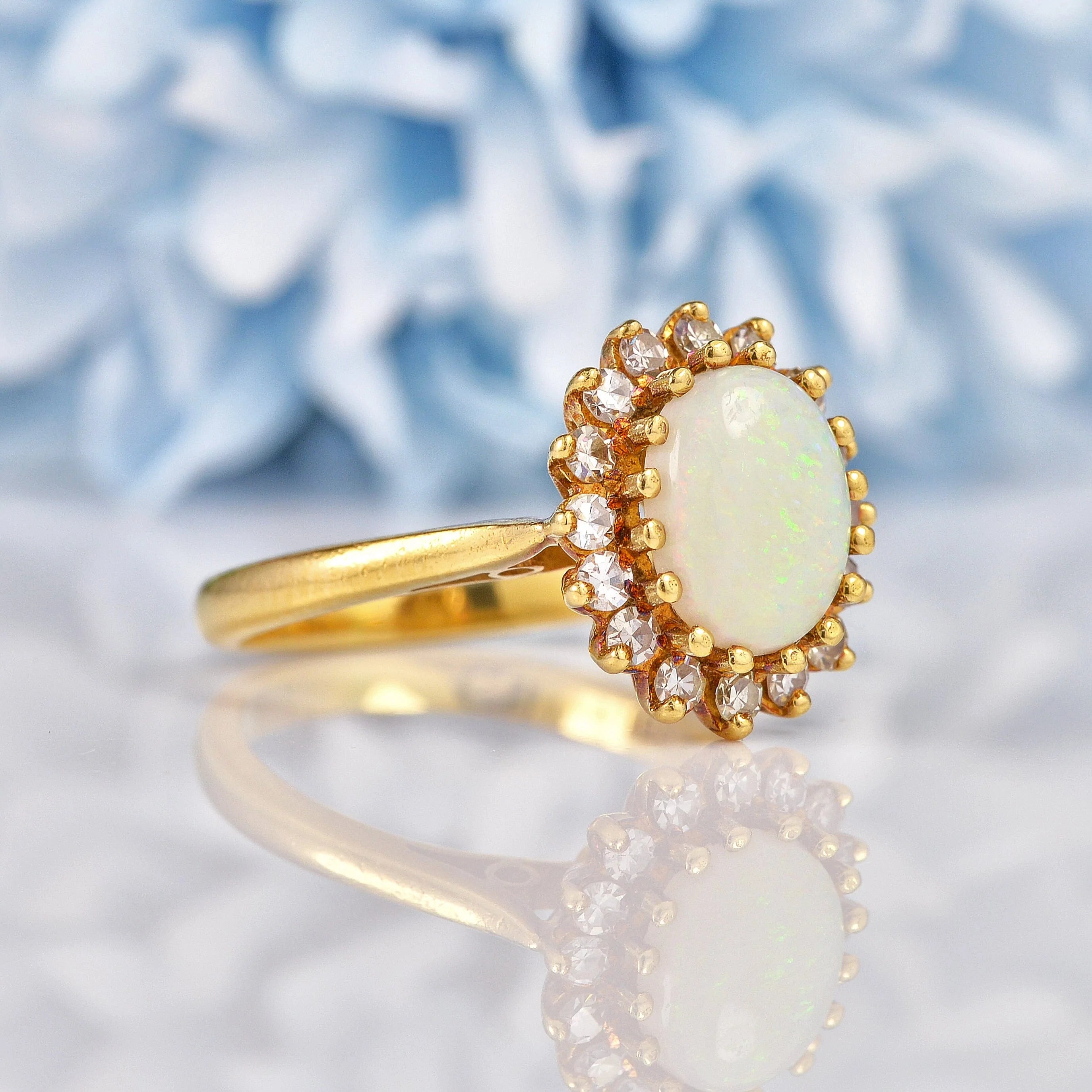 Vintage Opal Diamond 18ct Gold Oval Cluster Ring
