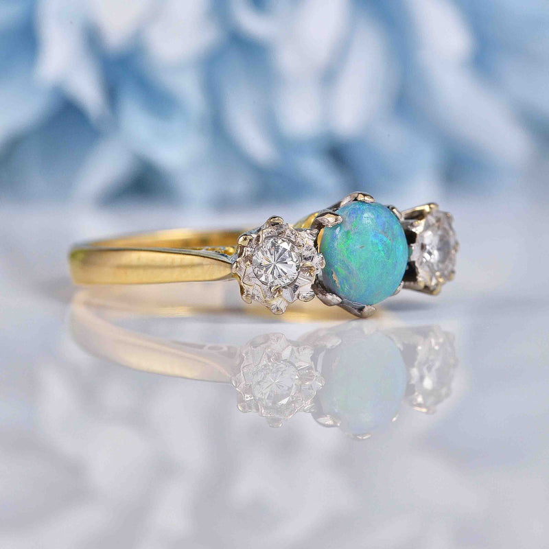 Ellibelle Jewellery Vintage Opal & Diamond 18ct Gold Three Stone Ring