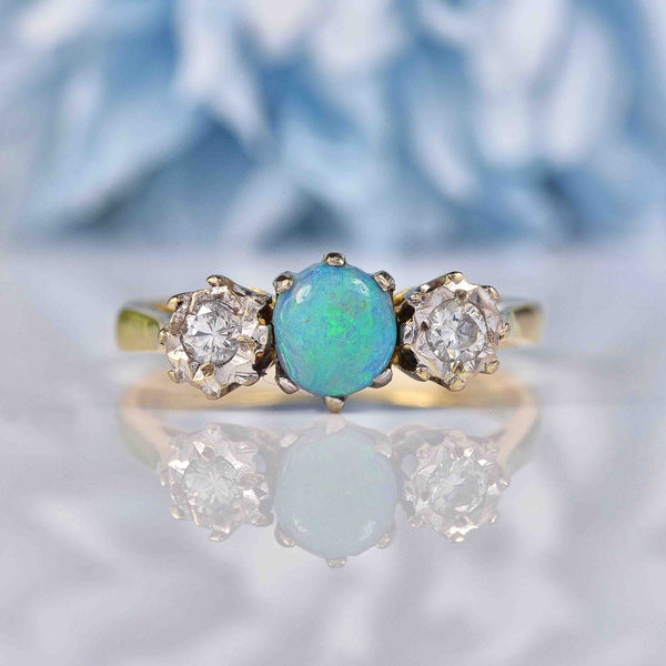 Ellibelle Jewellery Vintage Opal & Diamond 18ct Gold Three Stone Ring