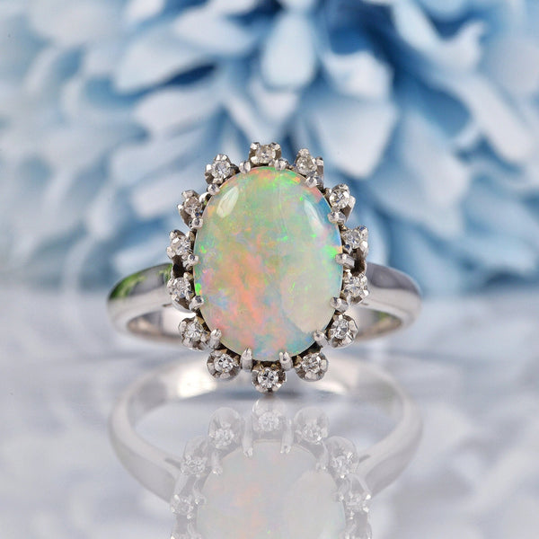 Vintage Opal Diamond Platinum Oval Cluster Ring Ellibelle Jewellery