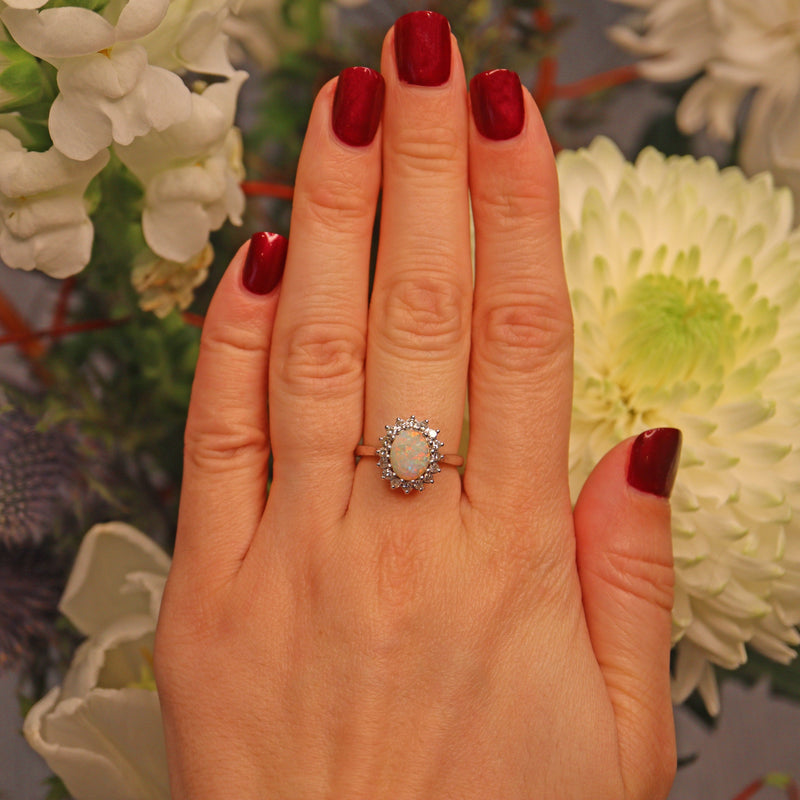 Ellibelle Jewellery Vintage Opal & Diamond White Gold Oval Cluster Ring