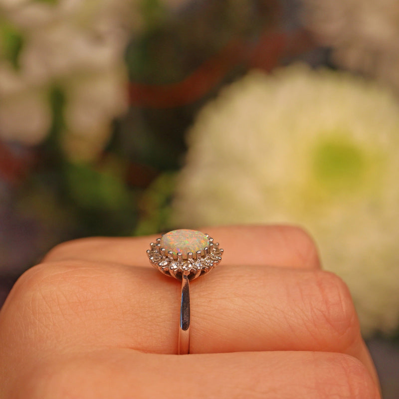 Ellibelle Jewellery Vintage Opal & Diamond White Gold Oval Cluster Ring