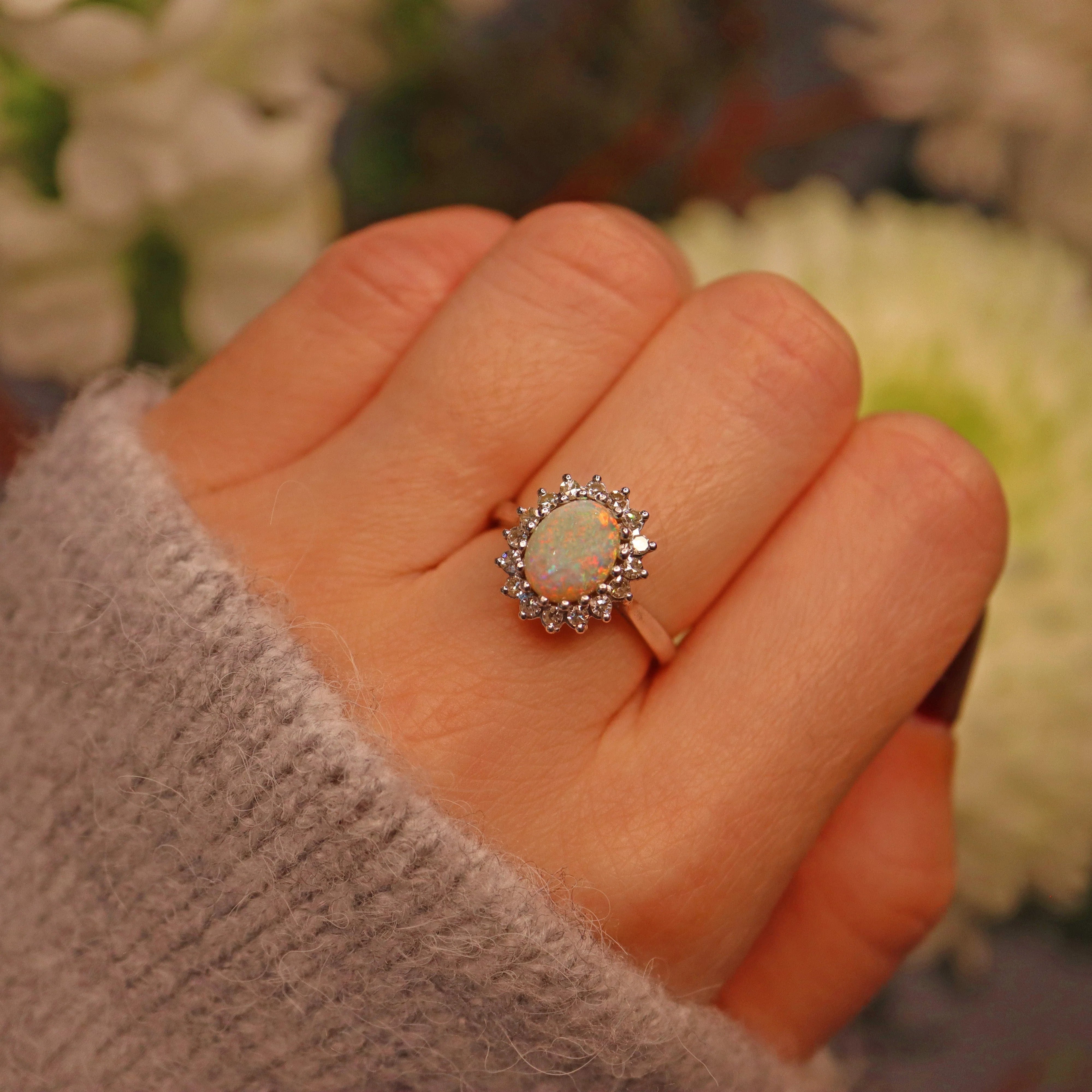 Ellibelle Jewellery Vintage Opal & Diamond White Gold Oval Cluster Ring