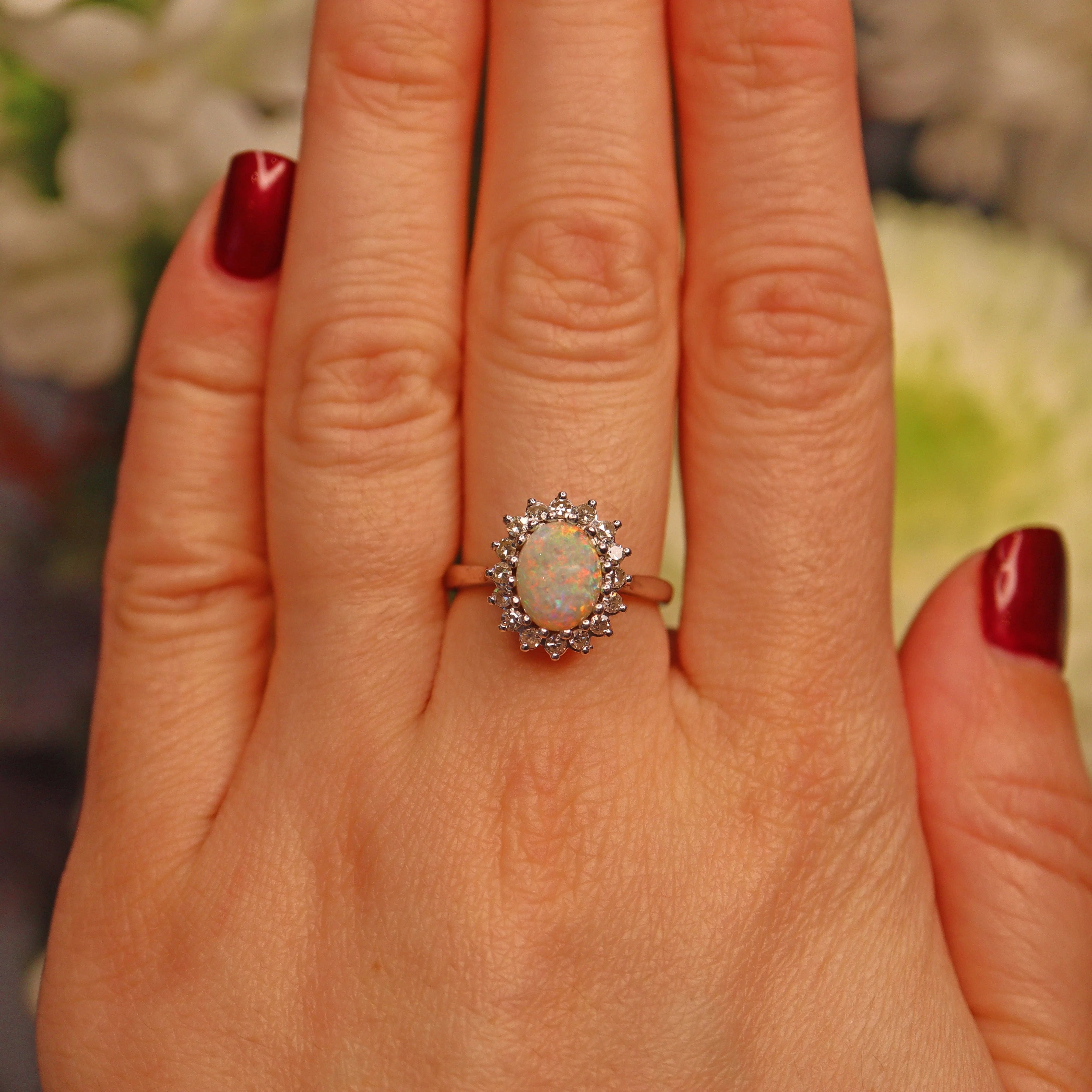 Ellibelle Jewellery Vintage Opal & Diamond White Gold Oval Cluster Ring