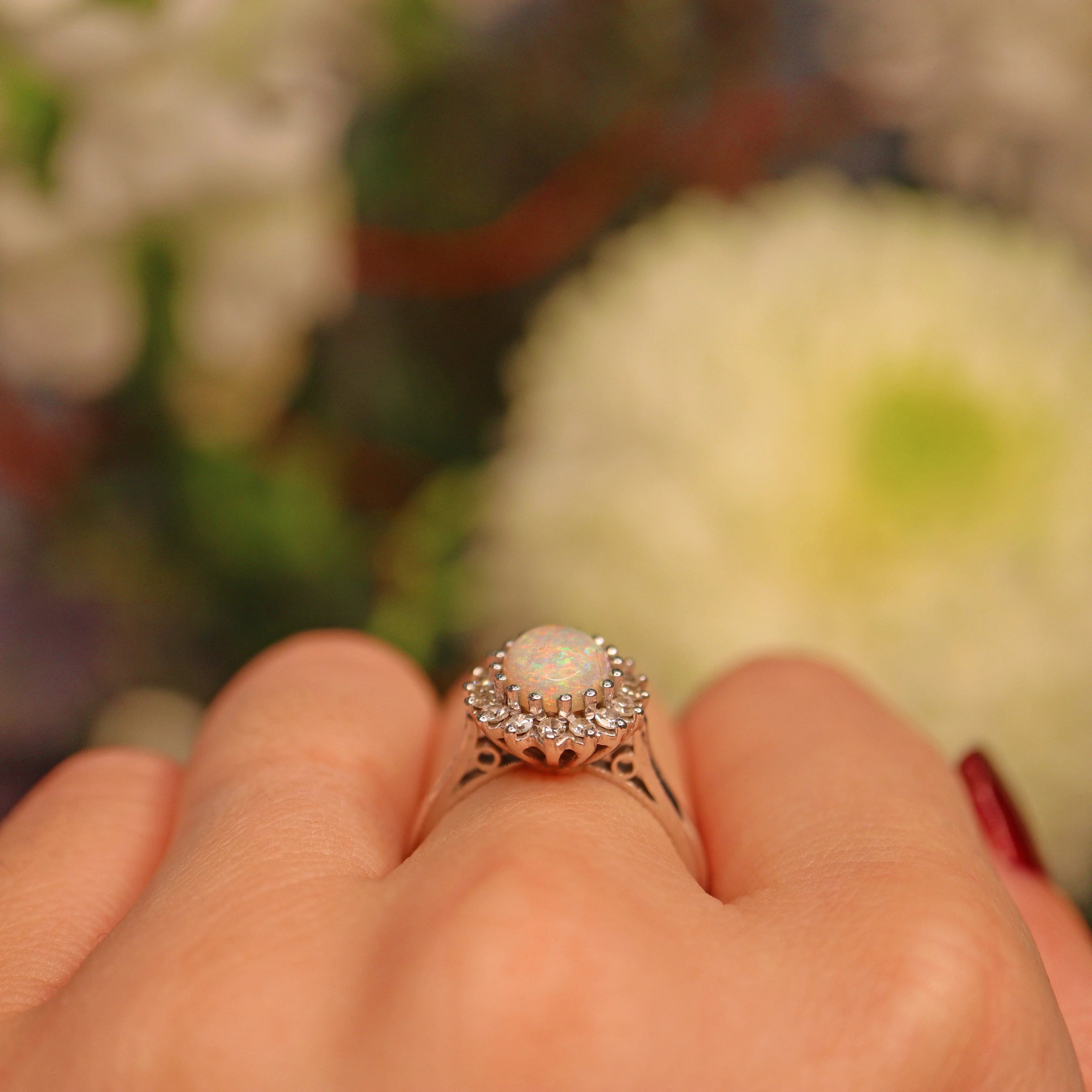 Ellibelle Jewellery Vintage Opal & Diamond White Gold Oval Cluster Ring