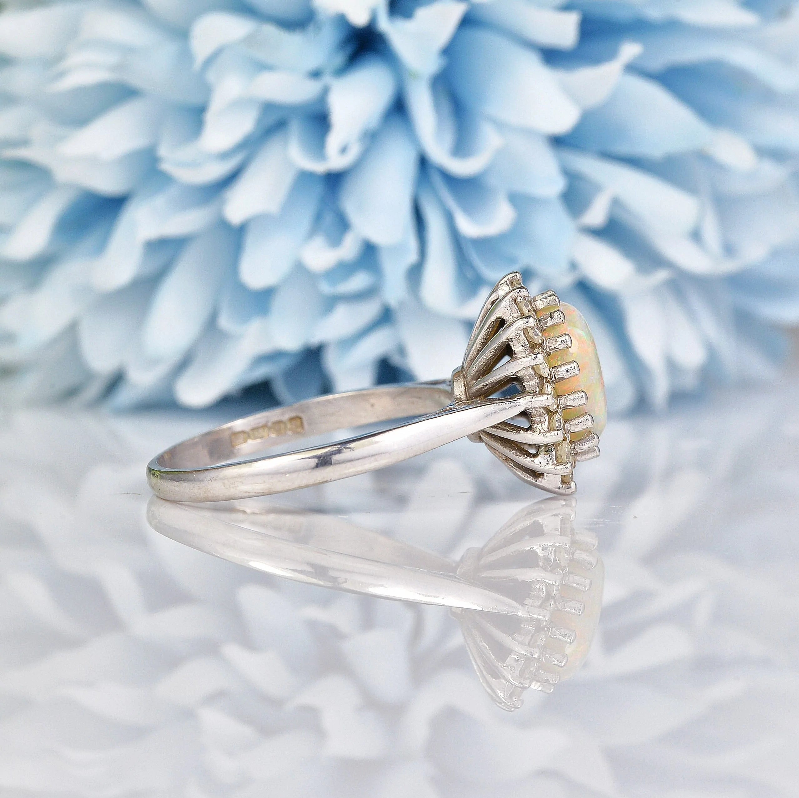 Ellibelle Jewellery Vintage Opal & Diamond White Gold Oval Cluster Ring