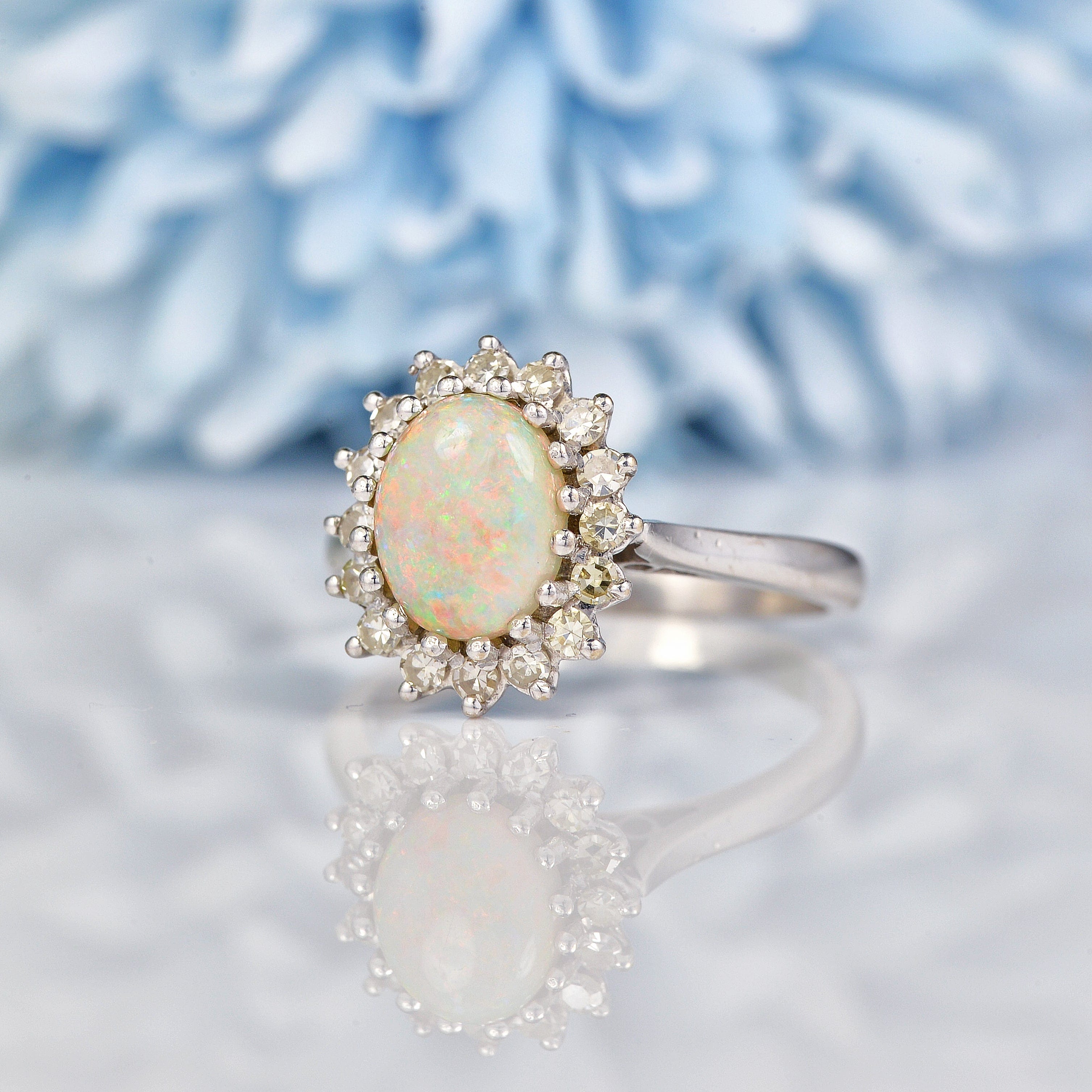 Ellibelle Jewellery Vintage Opal & Diamond White Gold Oval Cluster Ring