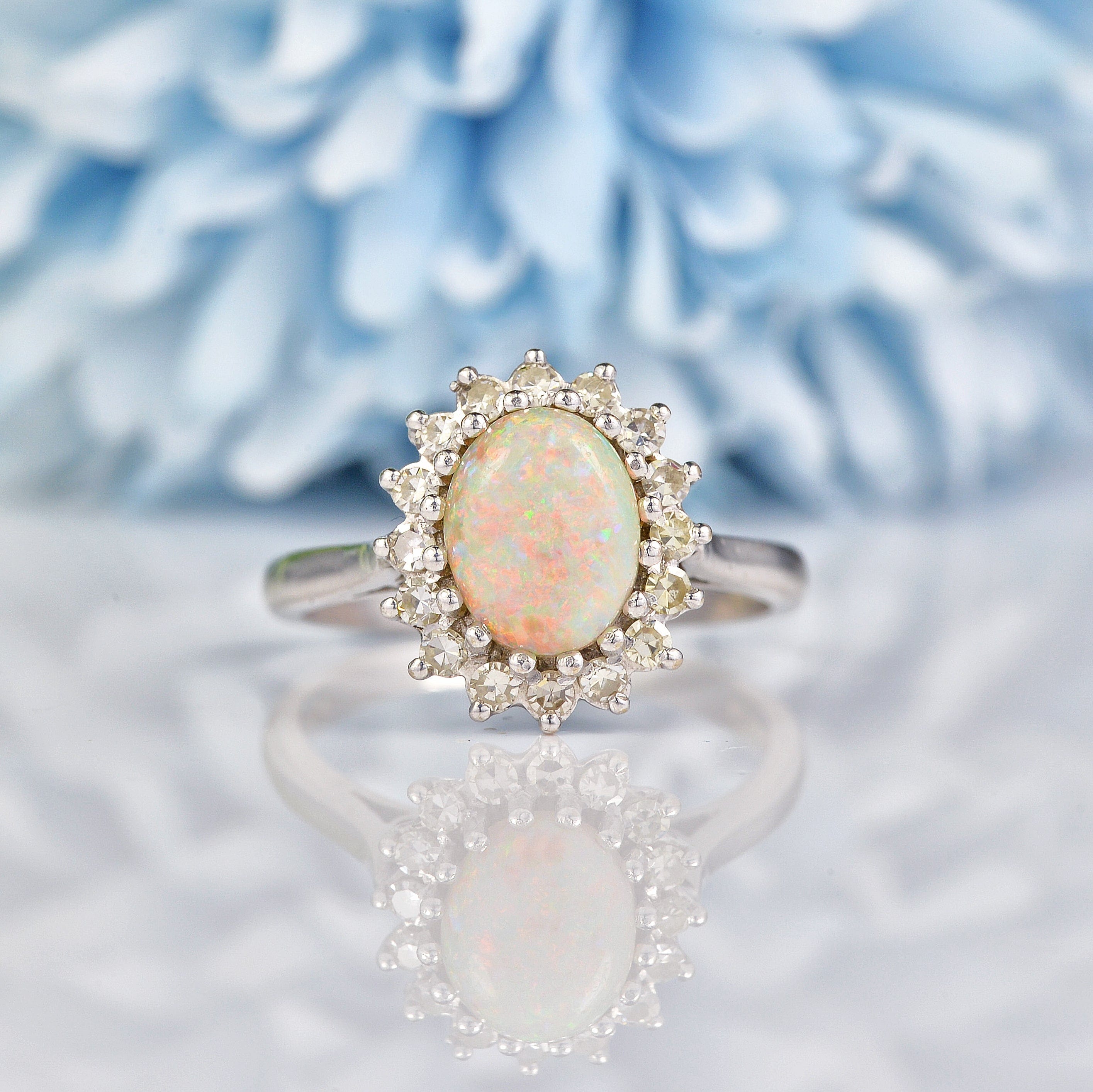 Ellibelle Jewellery Vintage Opal & Diamond White Gold Oval Cluster Ring
