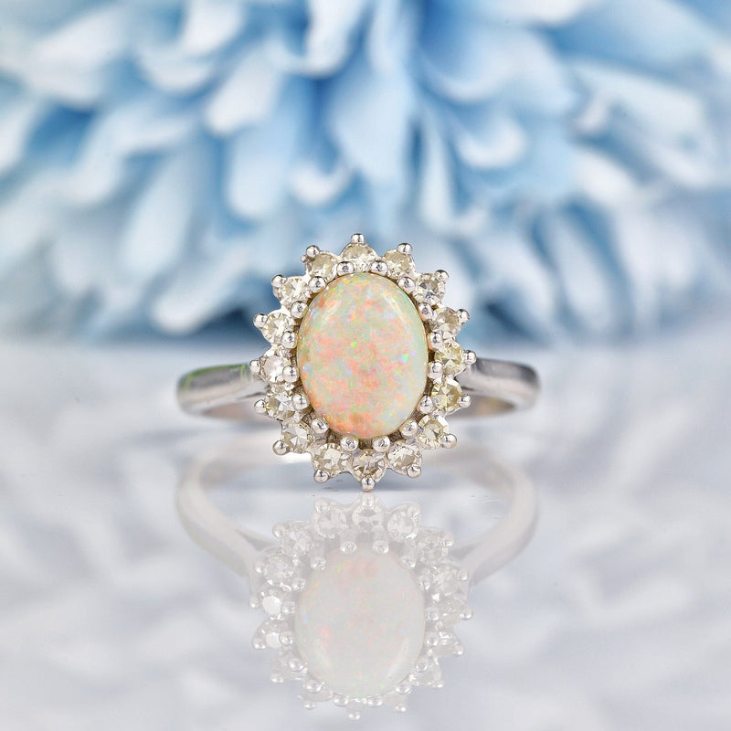 Ellibelle Jewellery Vintage Opal & Diamond White Gold Oval Cluster Ring