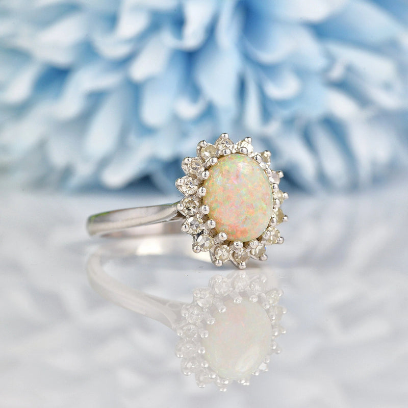 Ellibelle Jewellery Vintage Opal & Diamond White Gold Oval Cluster Ring
