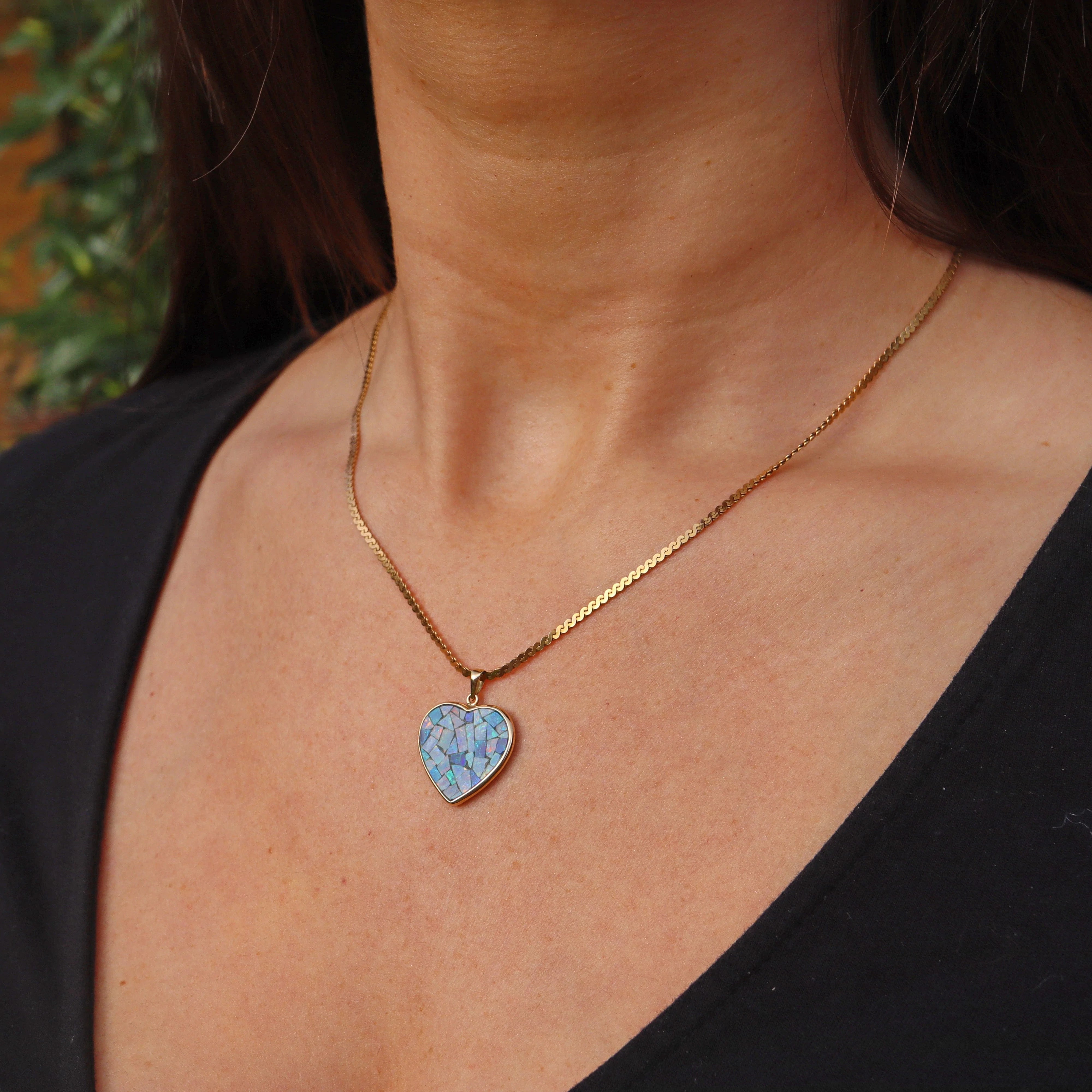 Ellibelle Jewellery Vintage Opal Mosaic 9ct Gold Heart Pendant Necklace