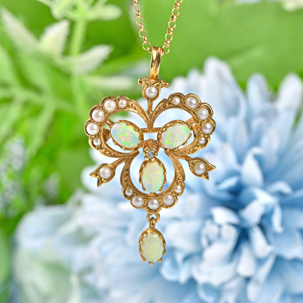 Ellibelle Jewellery VINTAGE OPAL & PEARL 9CT GOLD PENDANT NECKLACE