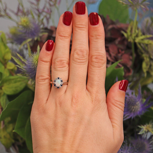 Ellibelle Jewellery Vintage Opal, Sapphire & Diamond 18ct White Gold Cluster Ring