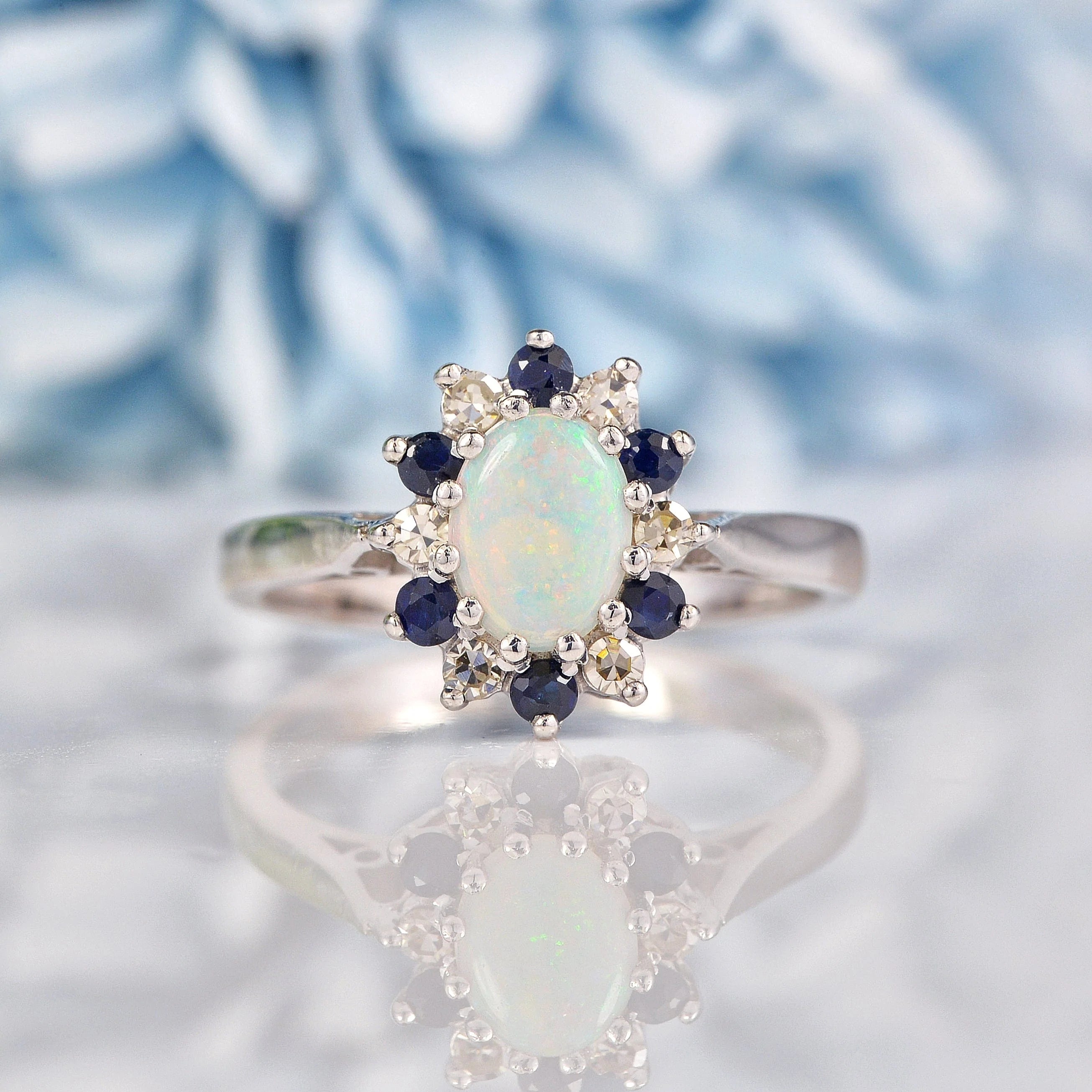 Ellibelle Jewellery Vintage Opal, Sapphire & Diamond 18ct White Gold Cluster Ring