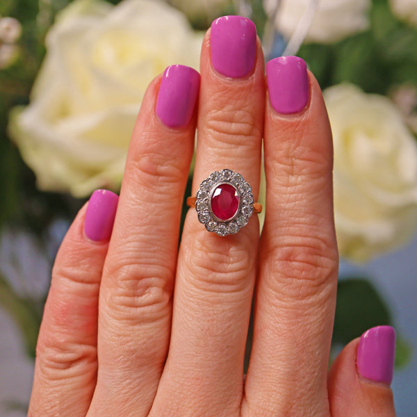 Ellibelle Jewellery Vintage Oval Ruby & Diamond Gold Cluster Ring