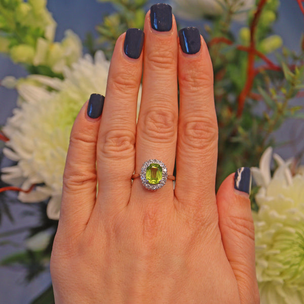 Ellibelle Jewellery Vintage Peridot & Diamond White Gold Cluster Ring