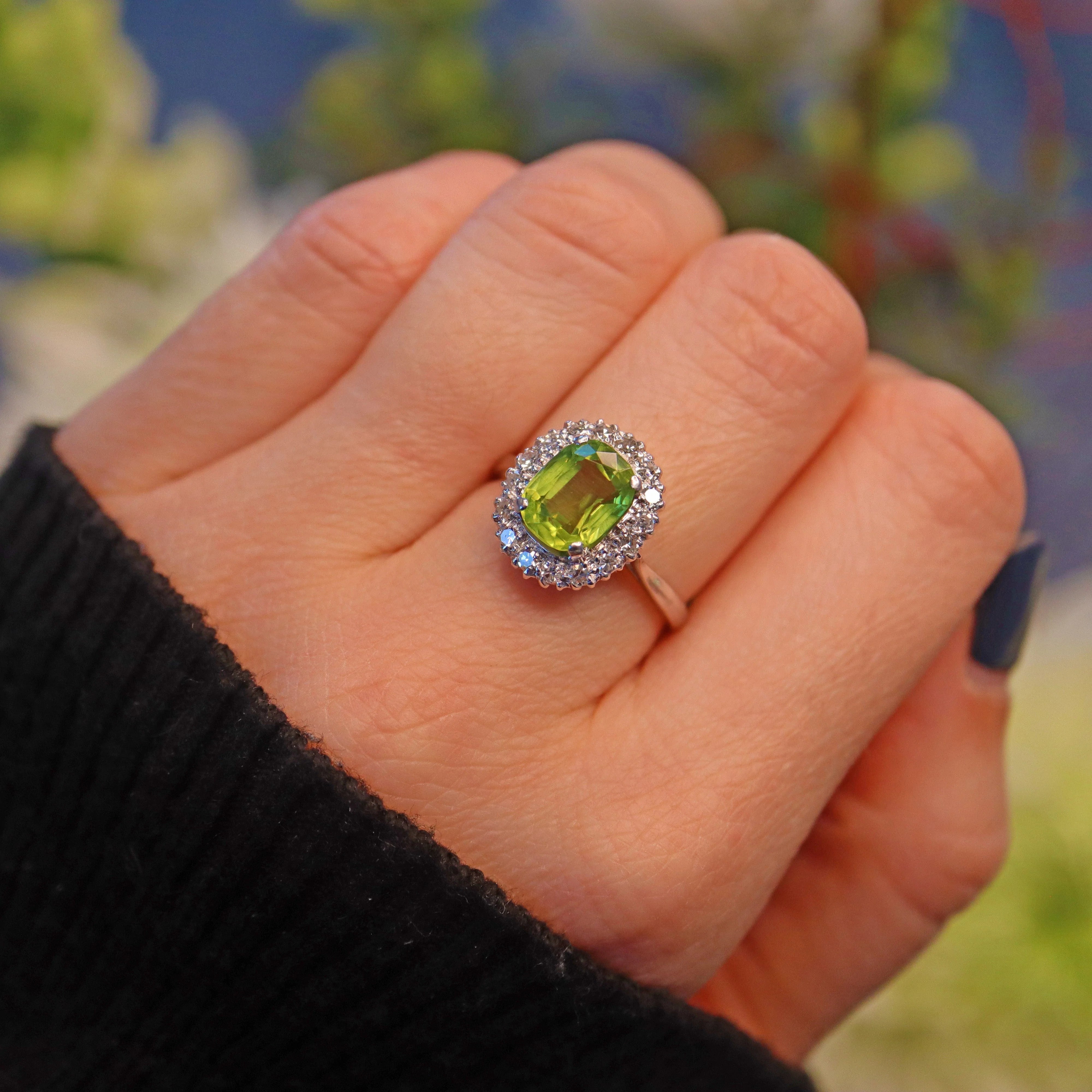 Vintage Peridot Diamond White Gold Cluster Ring - Main Image