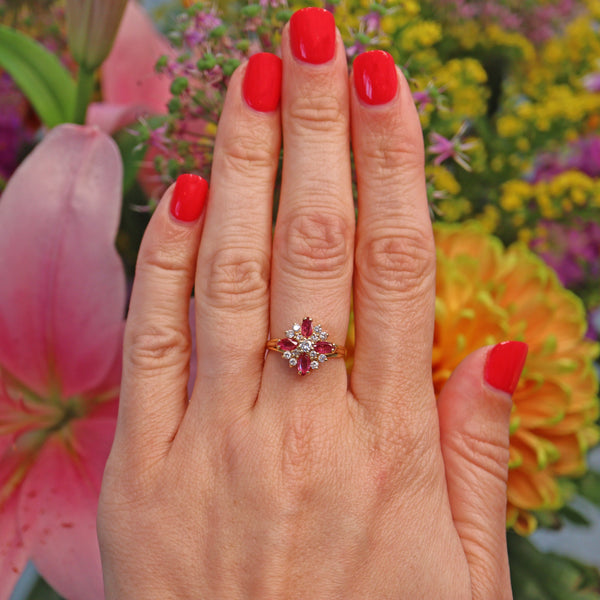 Ellibelle Jewellery Vintage Pink Sapphire & Diamond 18ct Gold Cluster Ring
