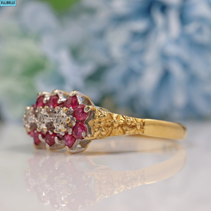 Vintage Ruby & Diamond 18ct Gold Cluster Ring - 1980