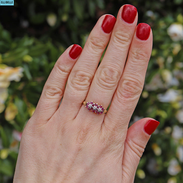 Vintage Ruby & Diamond 18ct Gold Cluster Ring - 1980